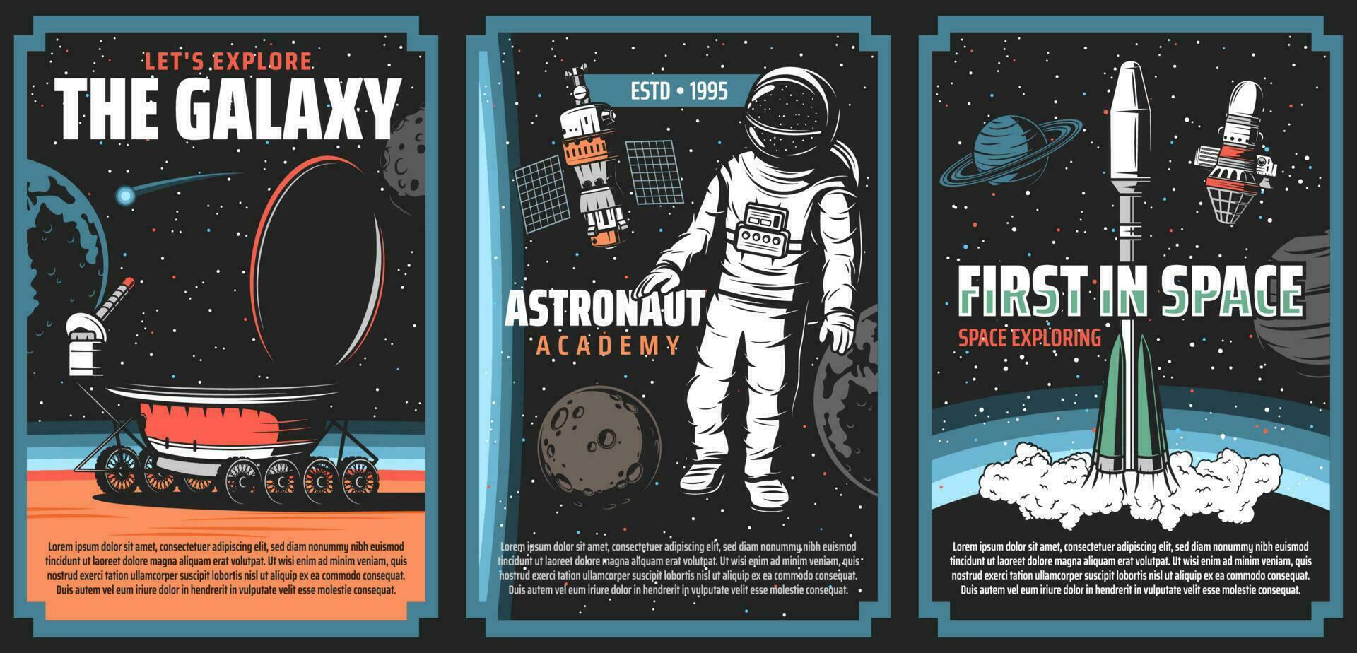 Outer space explore, vector retro vintage posters