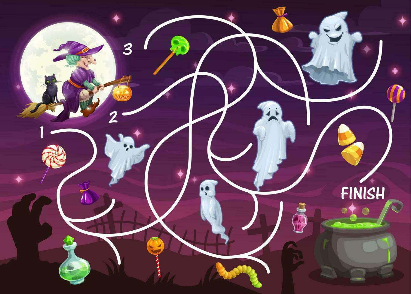 Child labyrinth game with halloween monsters vector