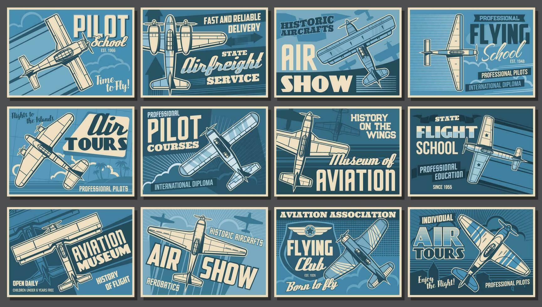 aviación espectáculo, aviones y aviador club carteles vector