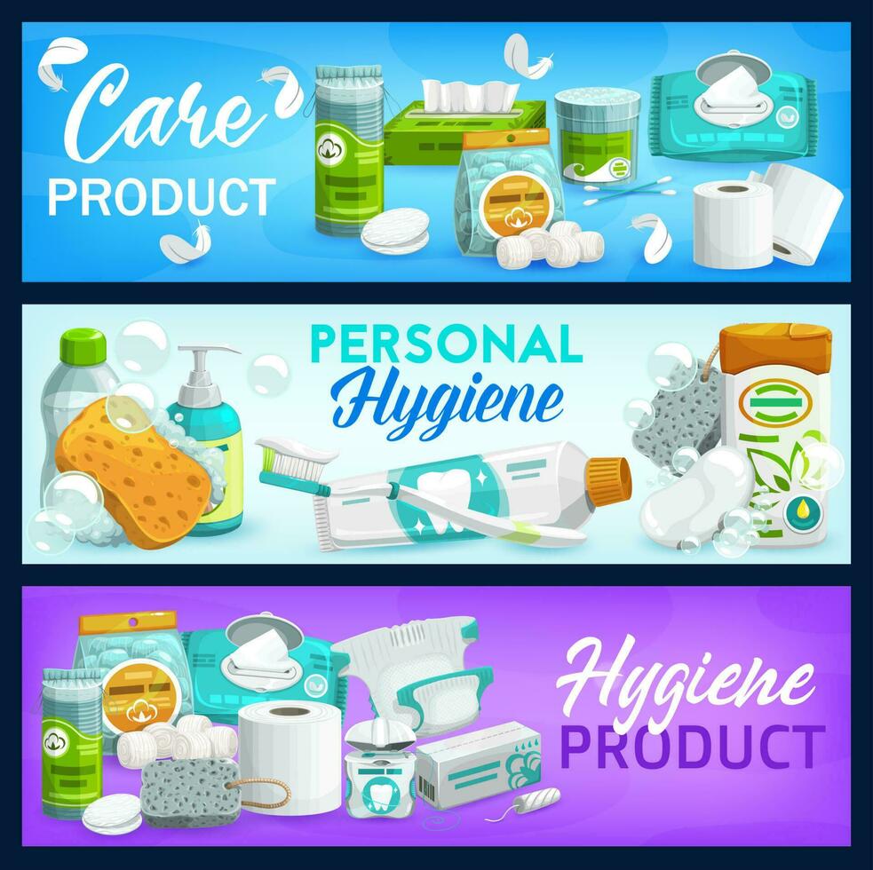 higiene, salud cuidado productos vector pancartas conjunto