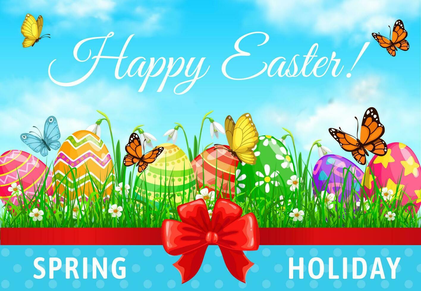 Happy Easter holiday vector poster, decorated eggs