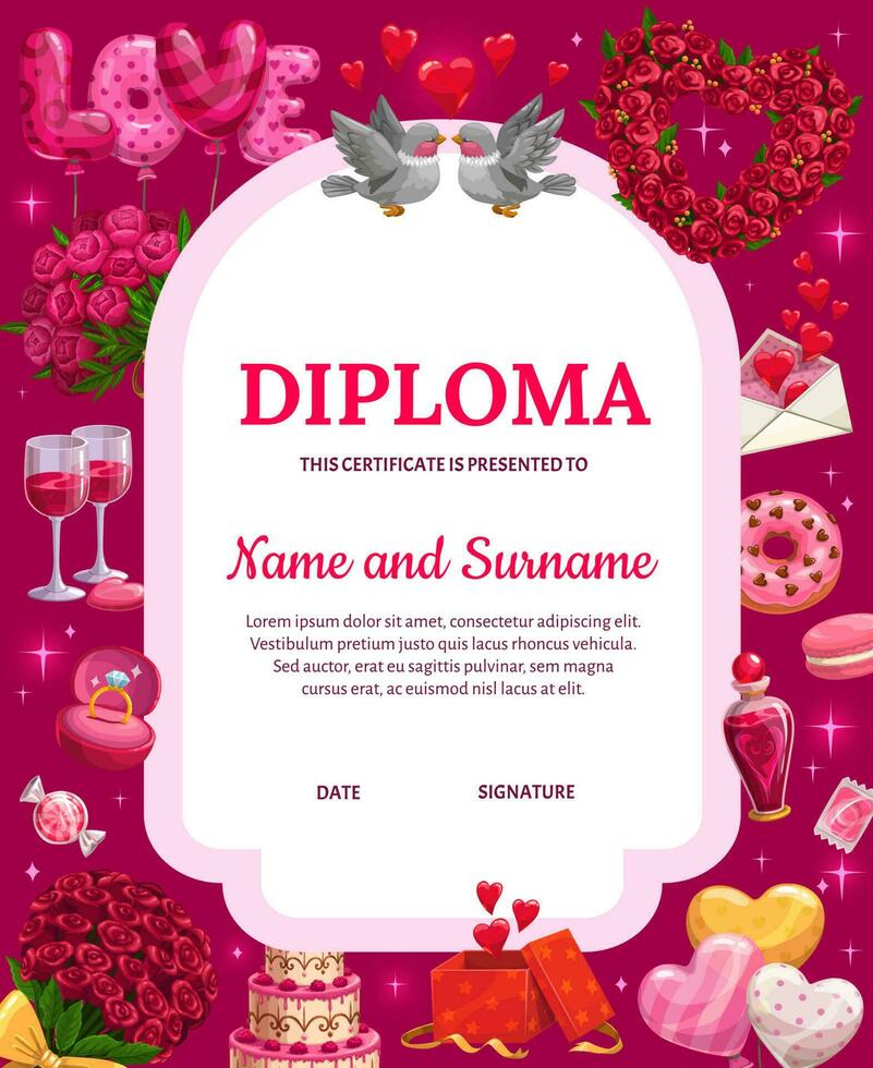 Valentines day diploma, vector certificate