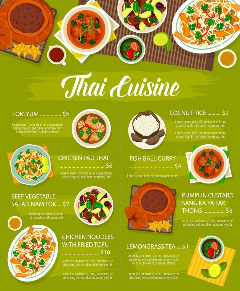 Thai food menu, Thailand cuisine Asian, restaurant vector