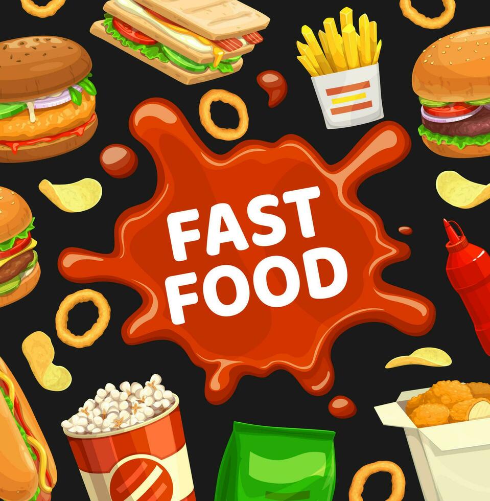 Fast food poster, burgers fastfood menu sandwiches vector