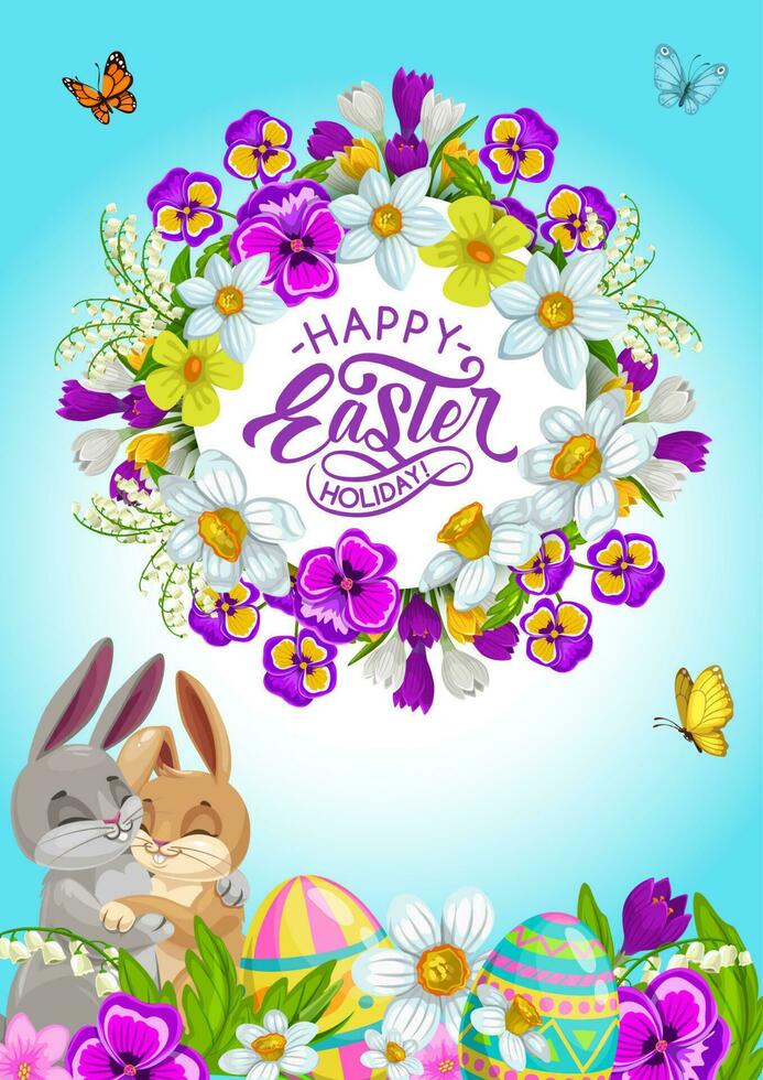 Easter eggs, bunnies and holiday flower wreath vector