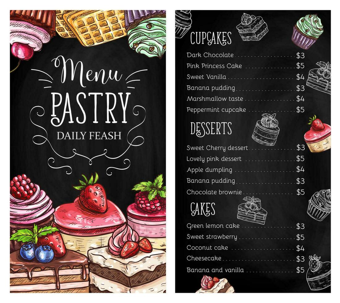 Pastry and dessert chalkboard menu vector template