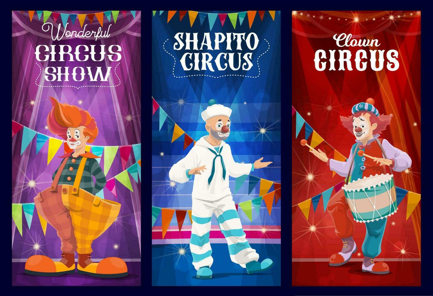 Shapito circus clowns, jesters and harlequin vector