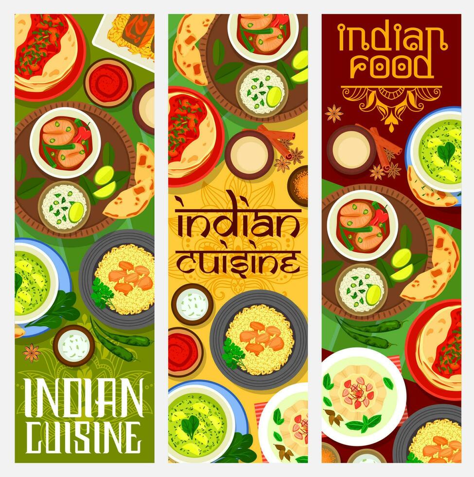 Indian cuisine spice food banners with rice dishes vector