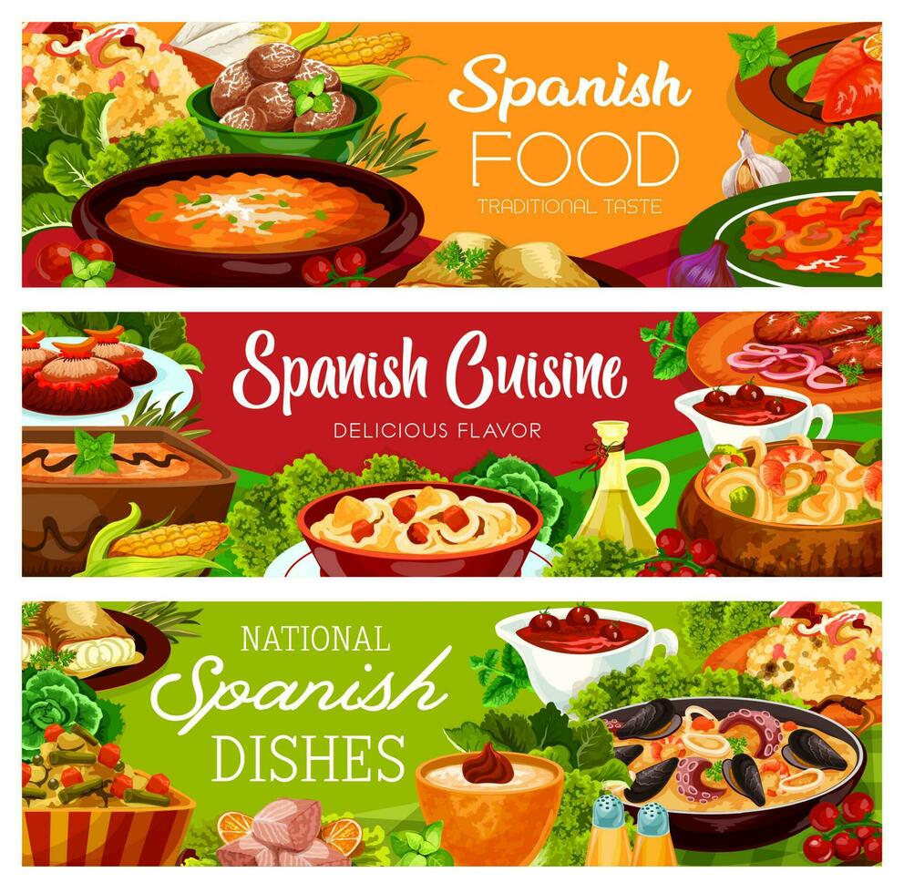 Spanish food banners, cuisine menu paella, tapas vector