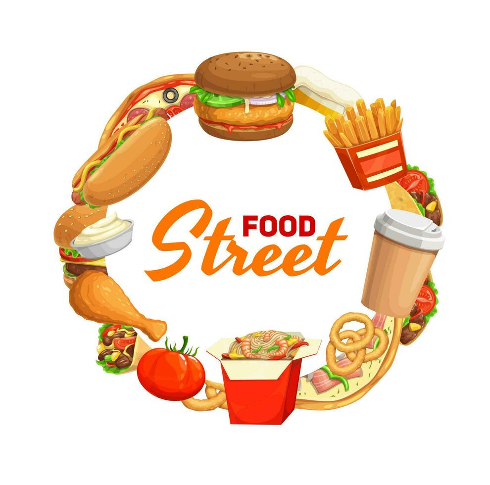 Fast food meals and snacks round vector frame