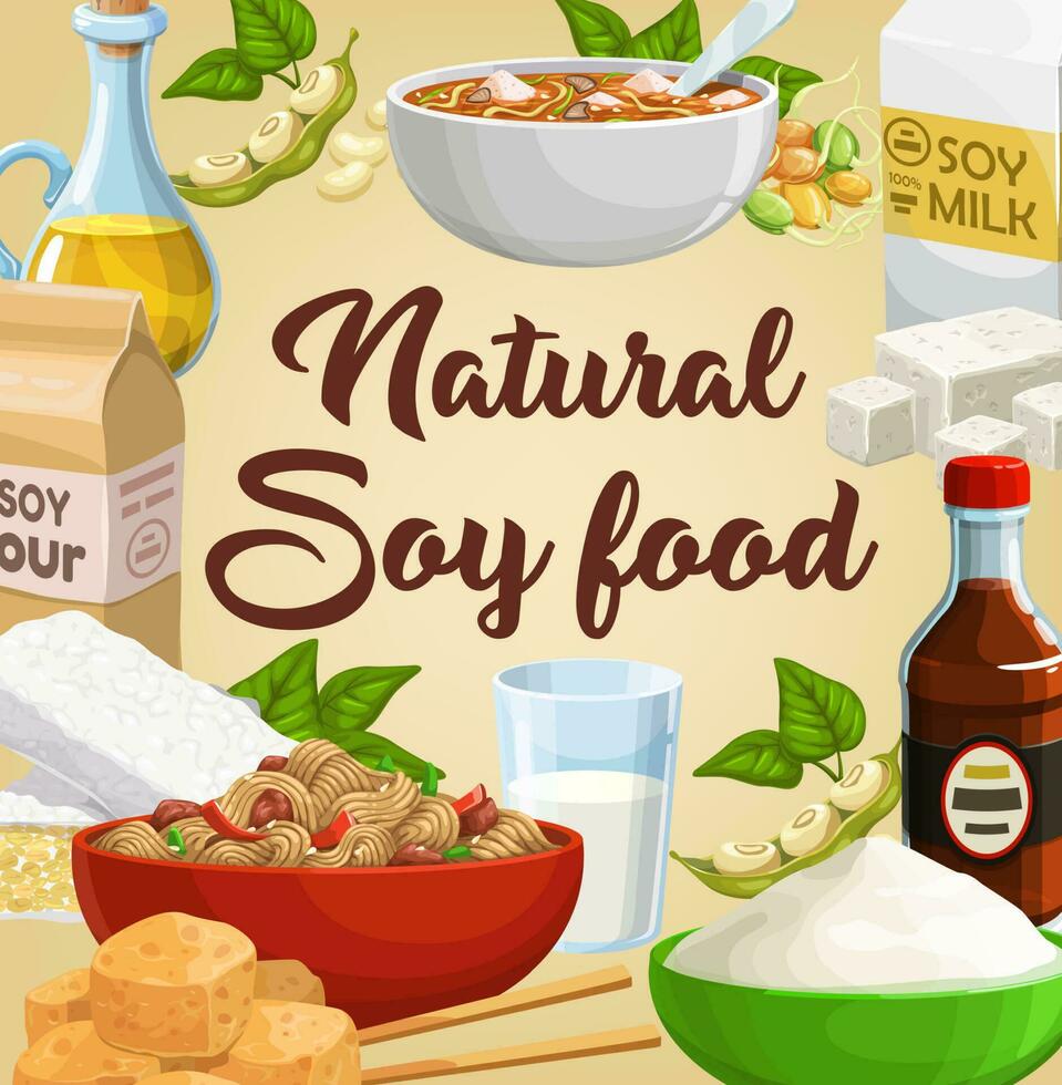 Soy food, soybean products, soya tofu and milk vector