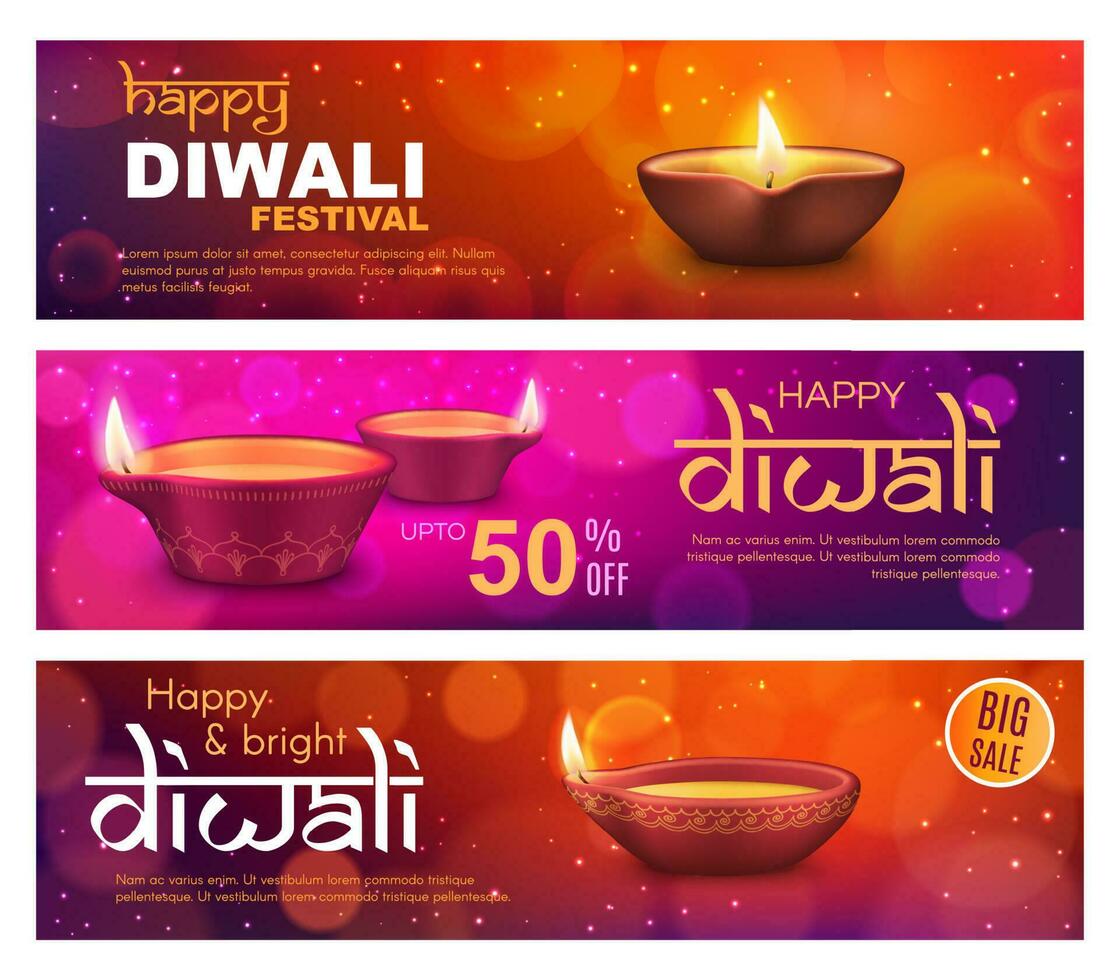Diwali sale offer banners, Indian Deepavali lamps vector
