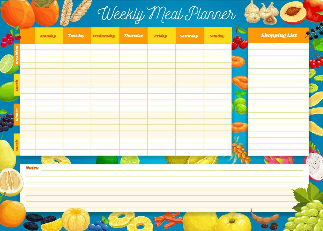 Weekly meal planner, vector timetable, week plan