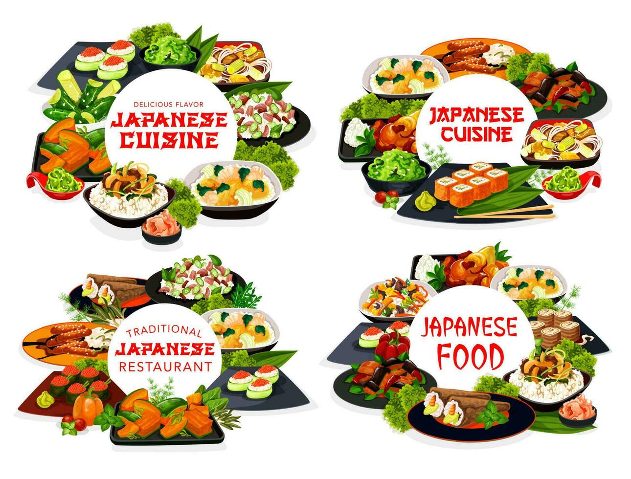 japonés cocina Sushi, arroz y fideos platos vector