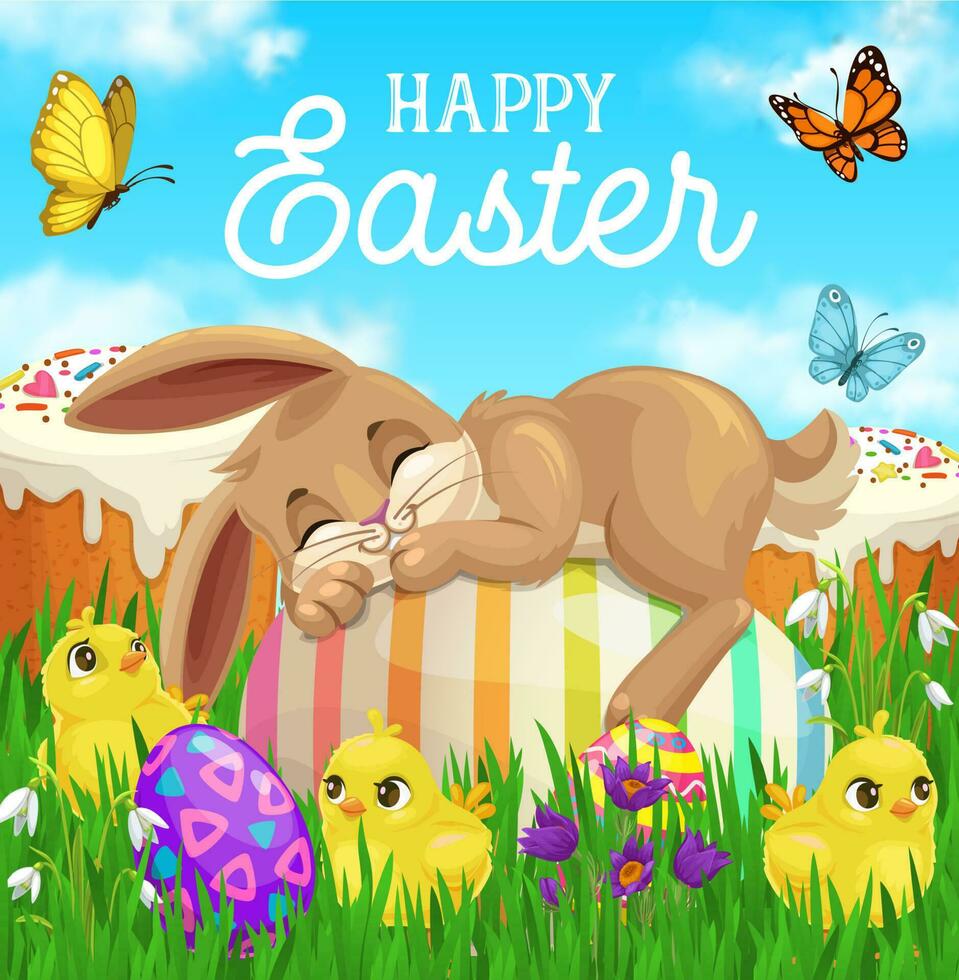 Easter bunny sleeping on egg, green grass, chicks vector