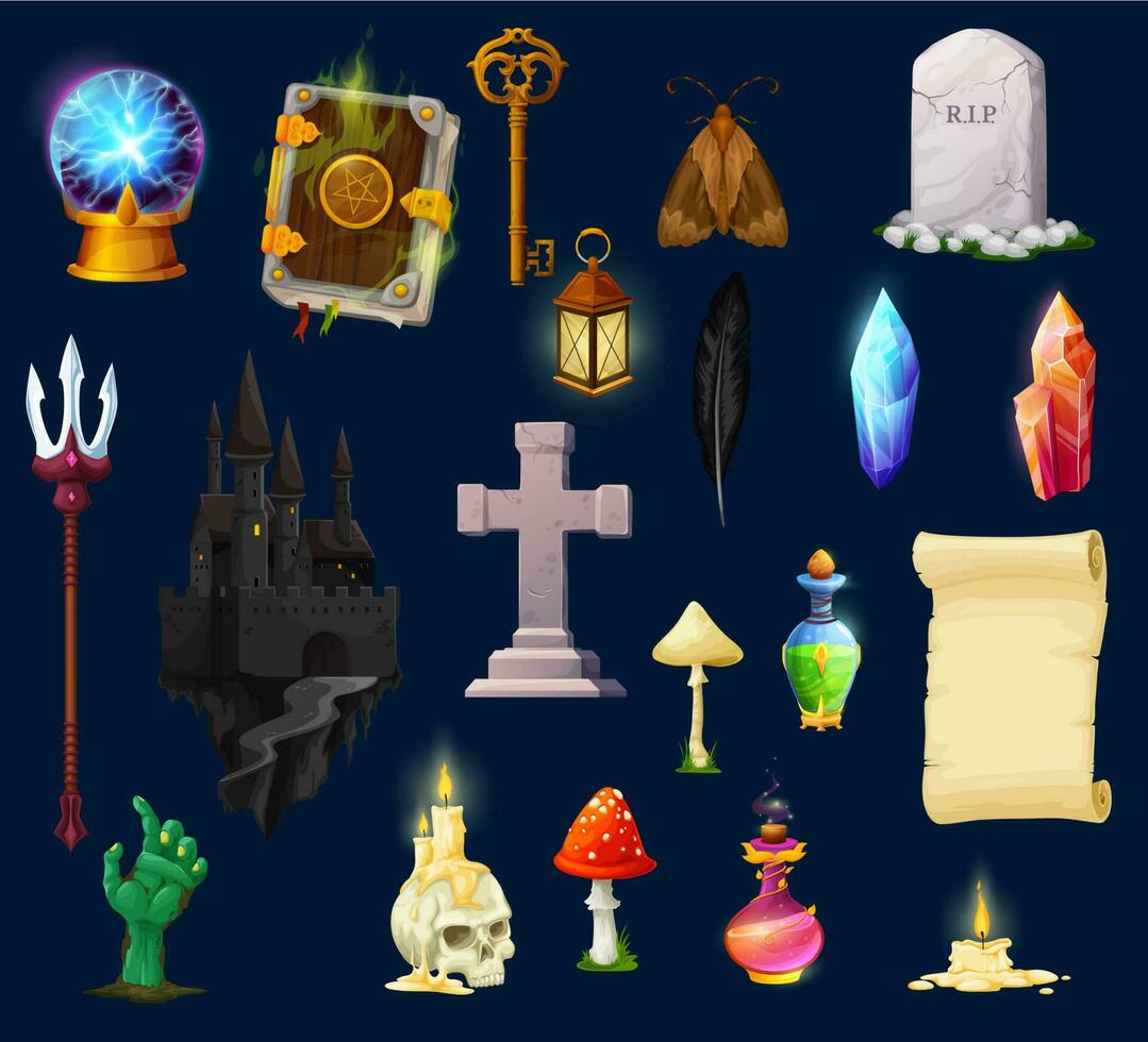 Halloween game assets, UI characters and icons vector