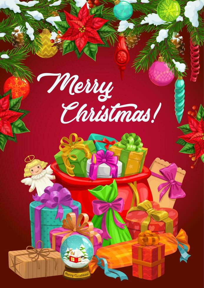 Merry Christmas winter holidays, Santa Xmas gifts vector