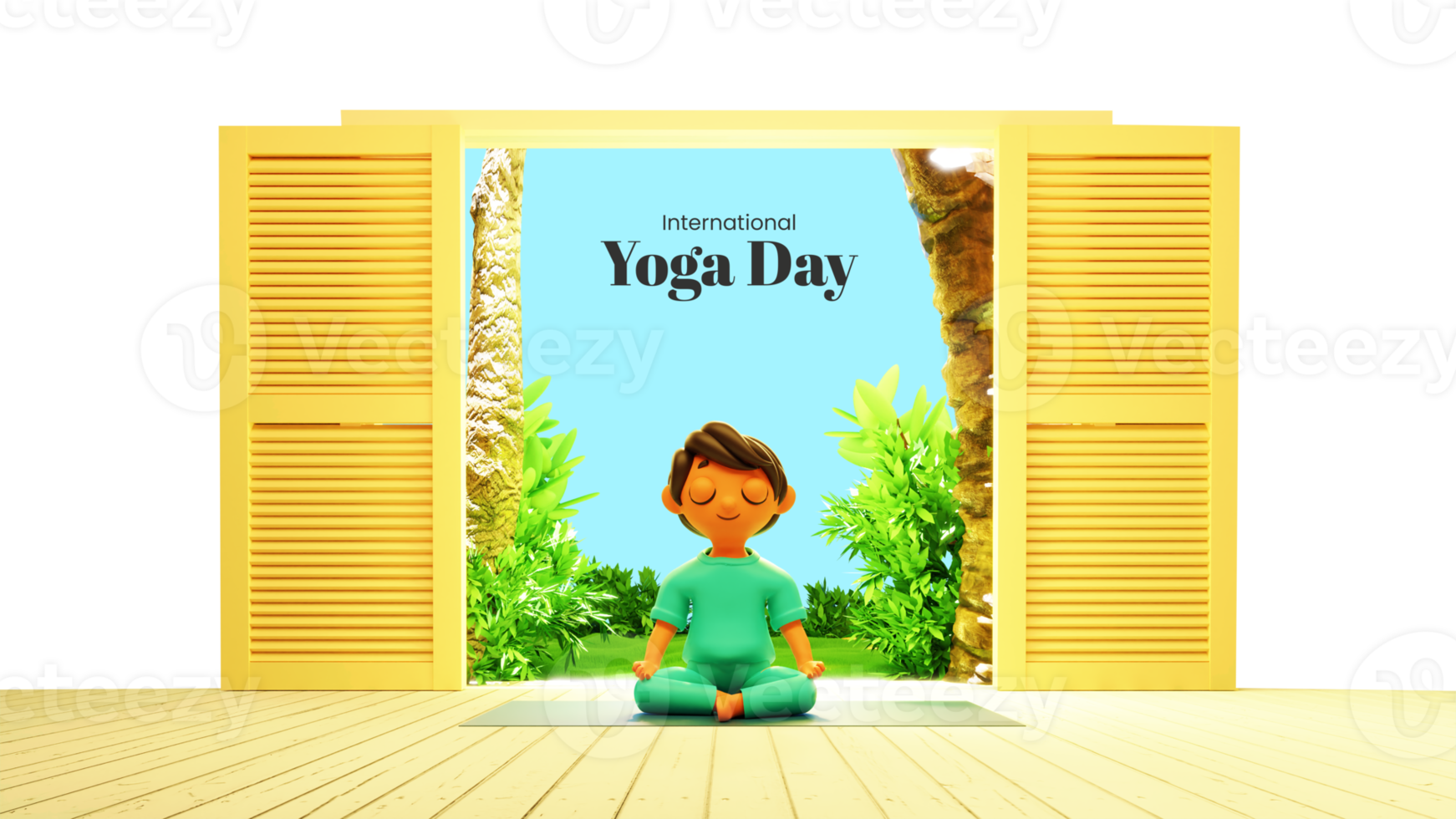 International Yoga Day Banner Design With 3D Young Boy Meditating At Nature View And Open Door. png