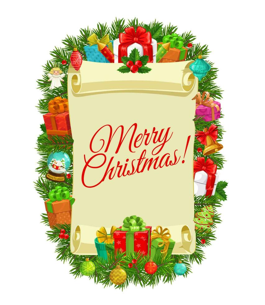 Christmas scroll with Xmas tree, gifts and bell vector