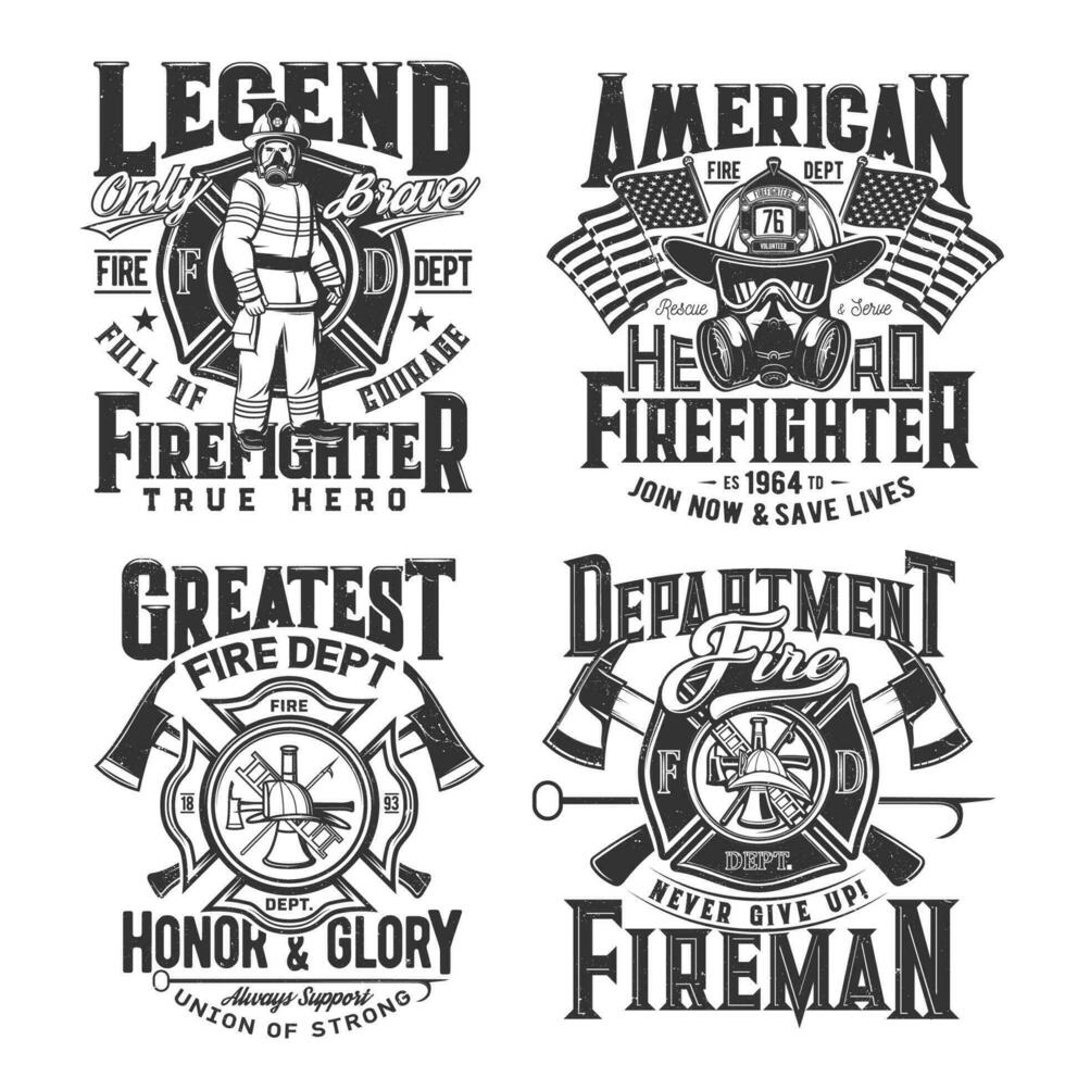 Tshirt prints with firefighter and equipment set vector