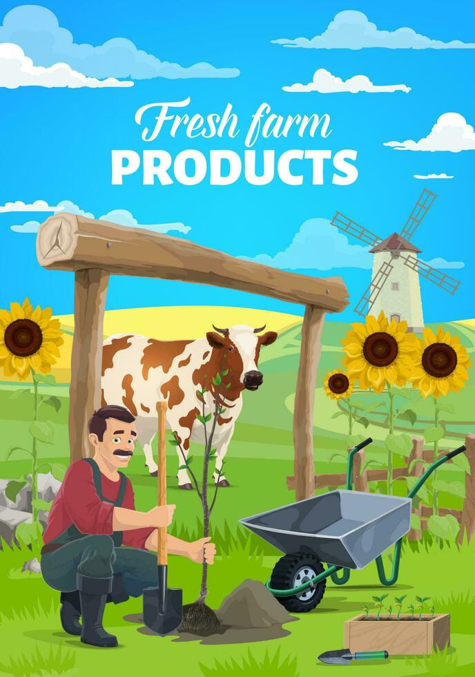 Farmer planting tree in garden cartoon vector