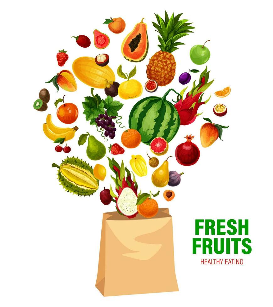 Fresco frutas vector sano comiendo en compras bolso