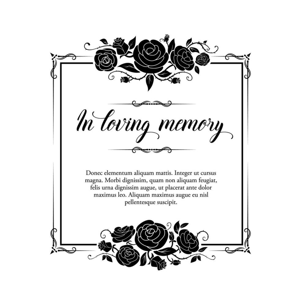 Funeral vector card, retro frame with rose flowers