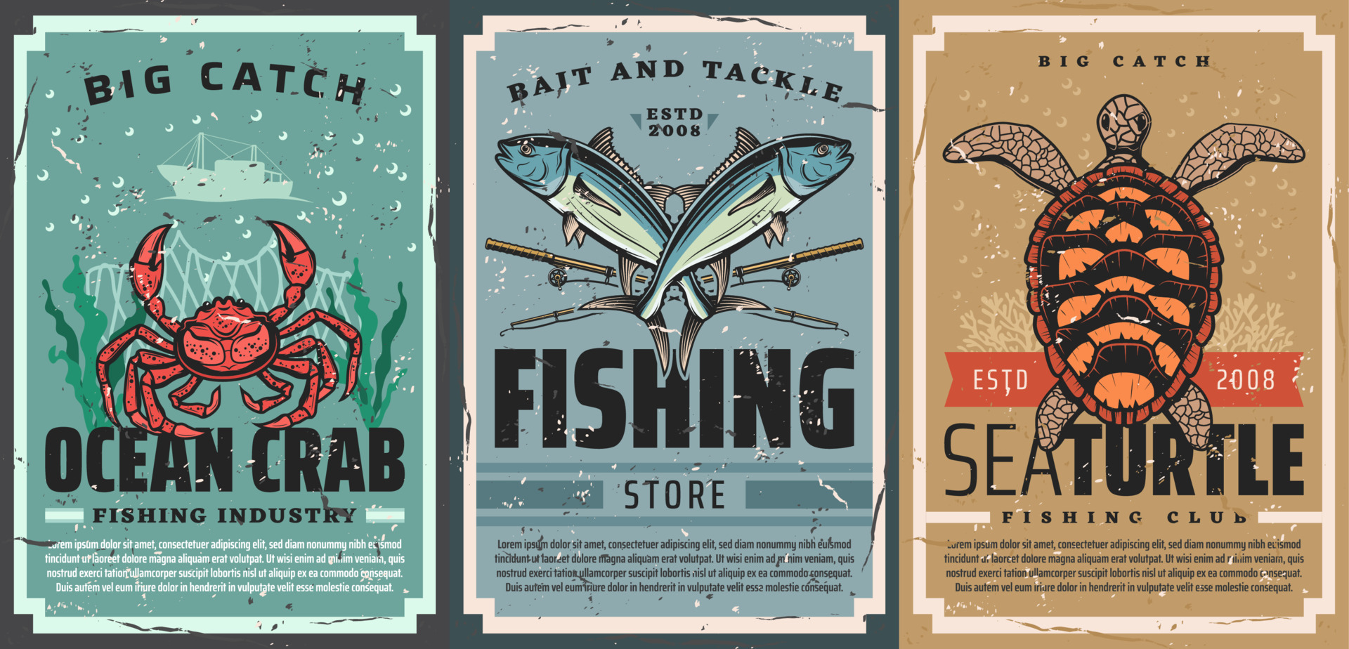 Seafood catch, fishing tackle vector retro posters 23837496 Vector