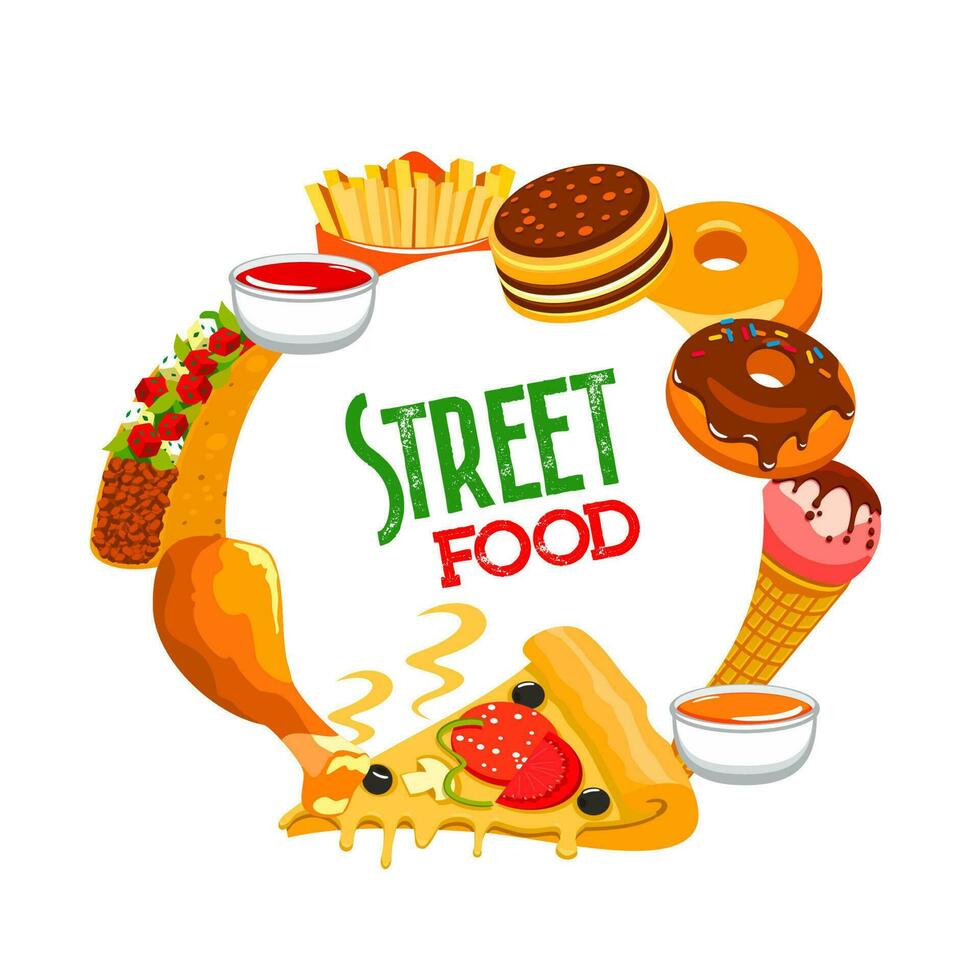 Fast food round banner vector street cafe meals