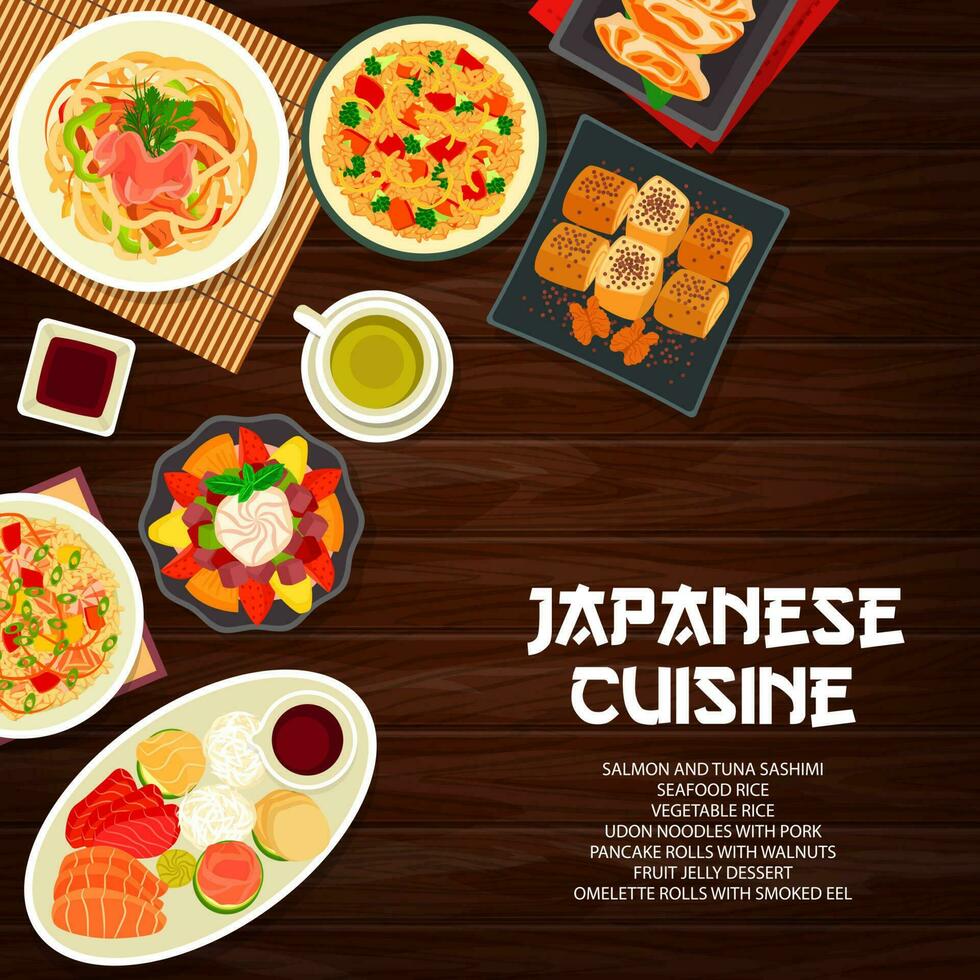 japonés comida y cocina comidas, platos menú cubrir vector