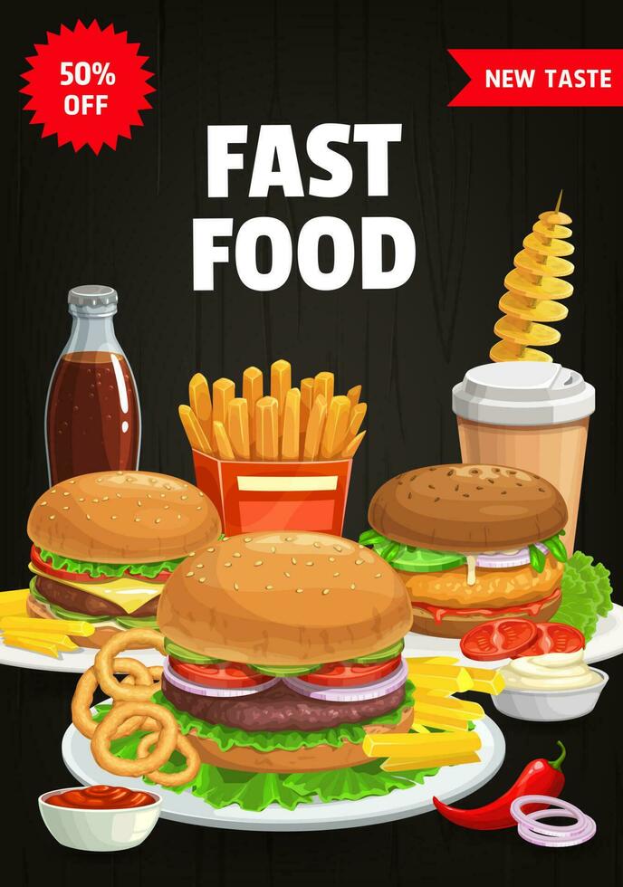 Fast food menu cover, vector burgers and snacks