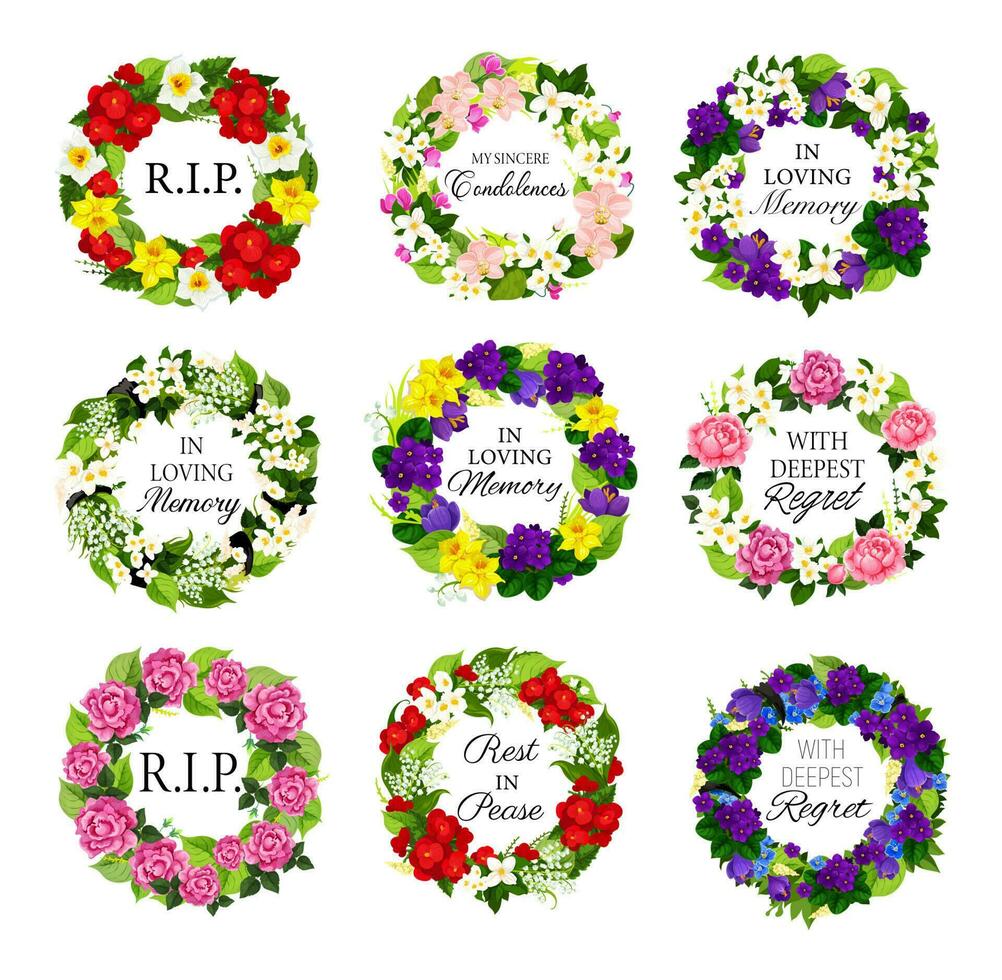 Funerary round frames, funeral flower wreath set vector