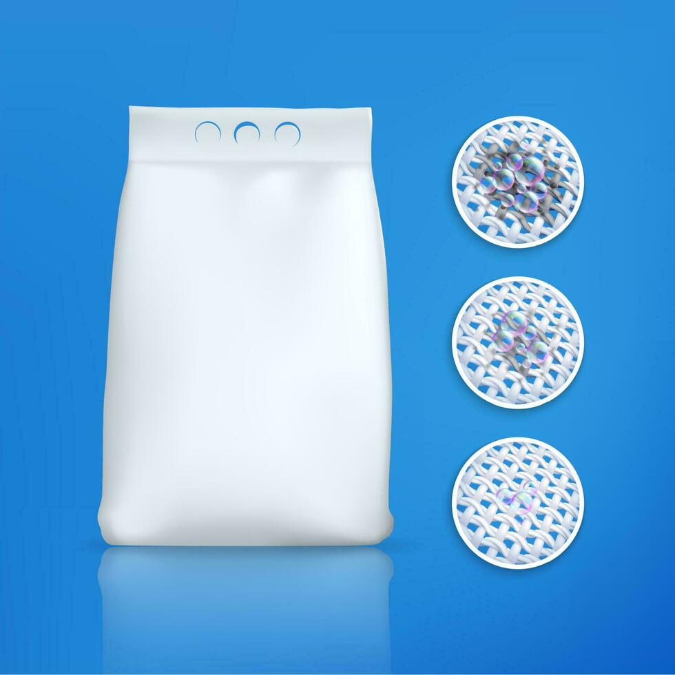 Detergent package, laundry powder pack bag mockup vector