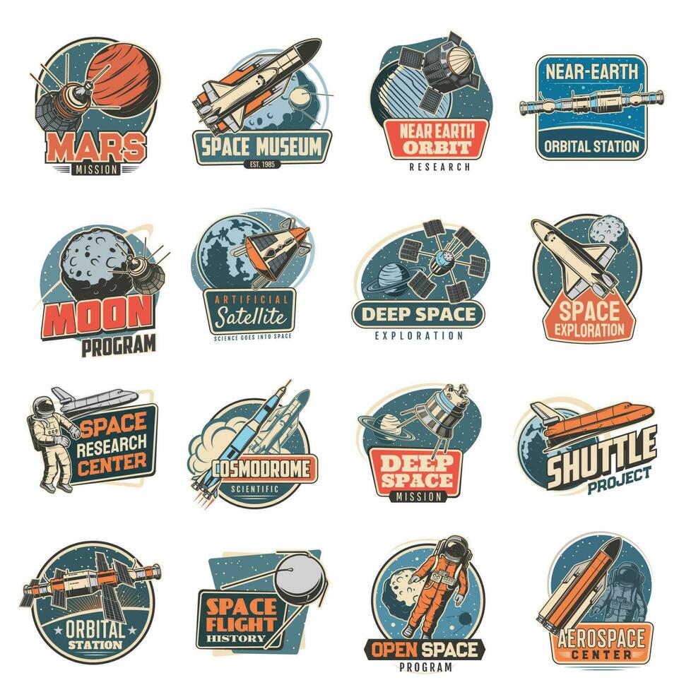 Space vector retro icons universe research set