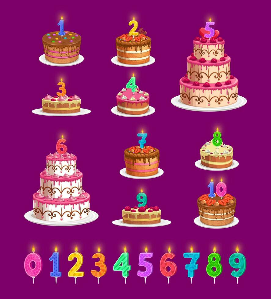 Candles on birthday cakes with age numbers set vector