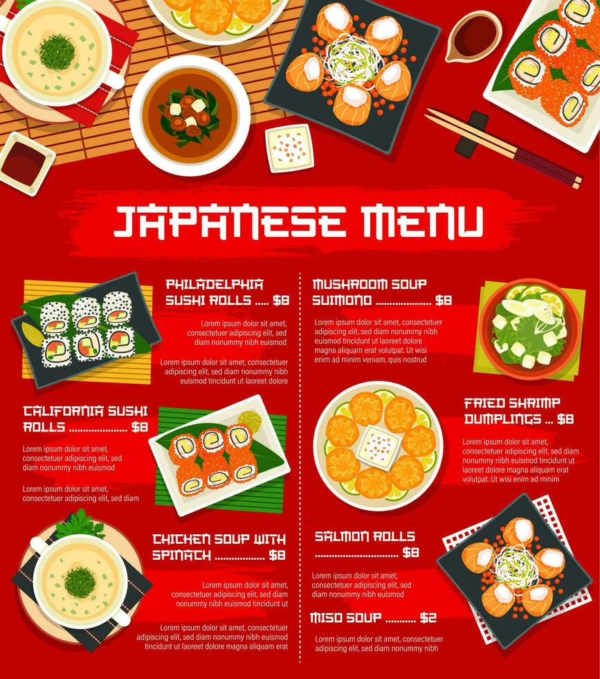 Japan cuisine vector menu template meals of Japan