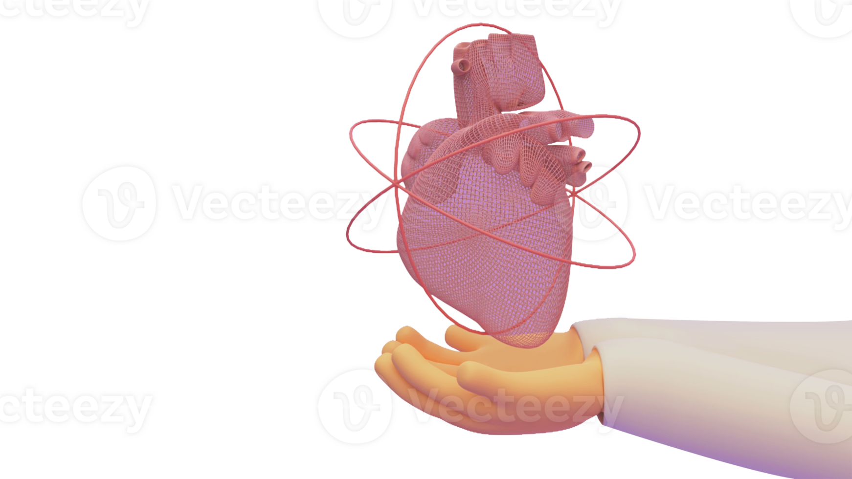 3D Render of a Doctor Hands Protecting a Wireframed Heart. png