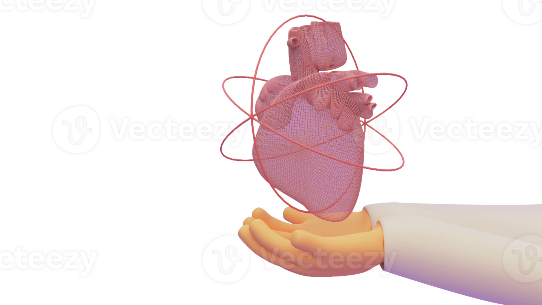 3d framställa av en läkare händer skyddande en trådramad hjärta. png
