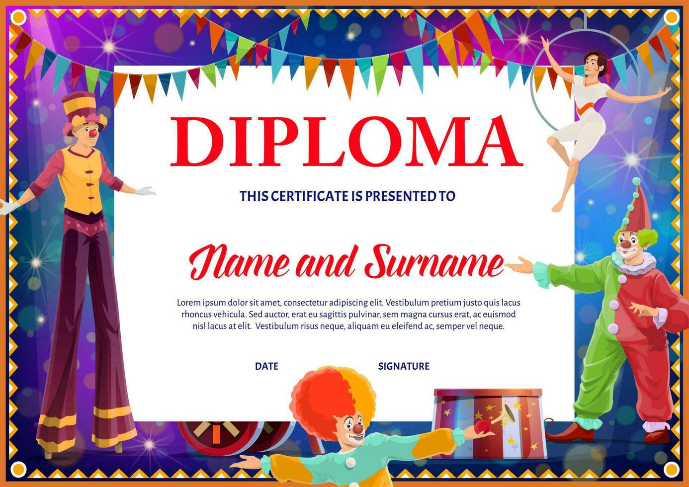 Kids diploma with circus clowns and gymnast vector