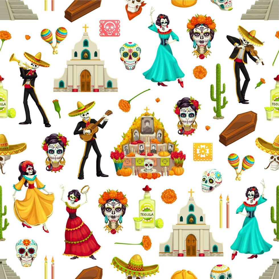 Day of the Dead seamless pattern with sugar skulls vector