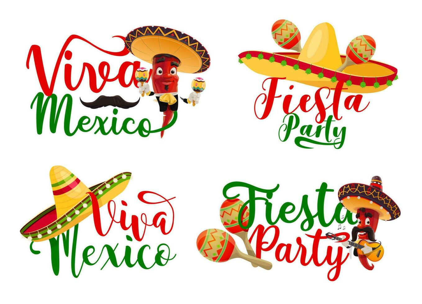Viva Mexico icons set with Mexican chilli mariachi vector