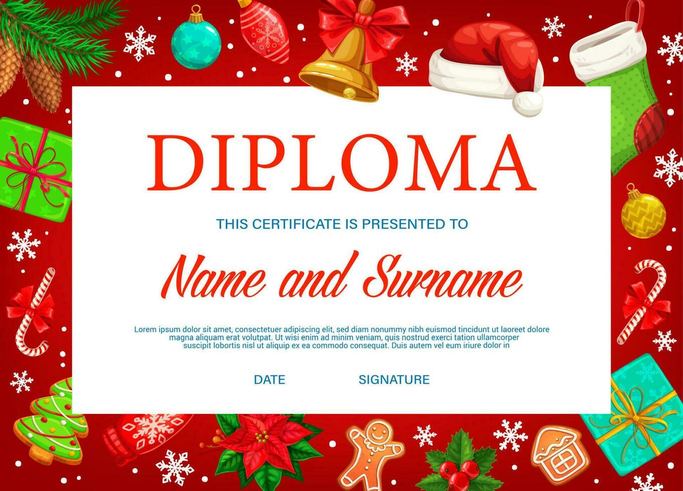 educación diploma certificado con Navidad regalos vector