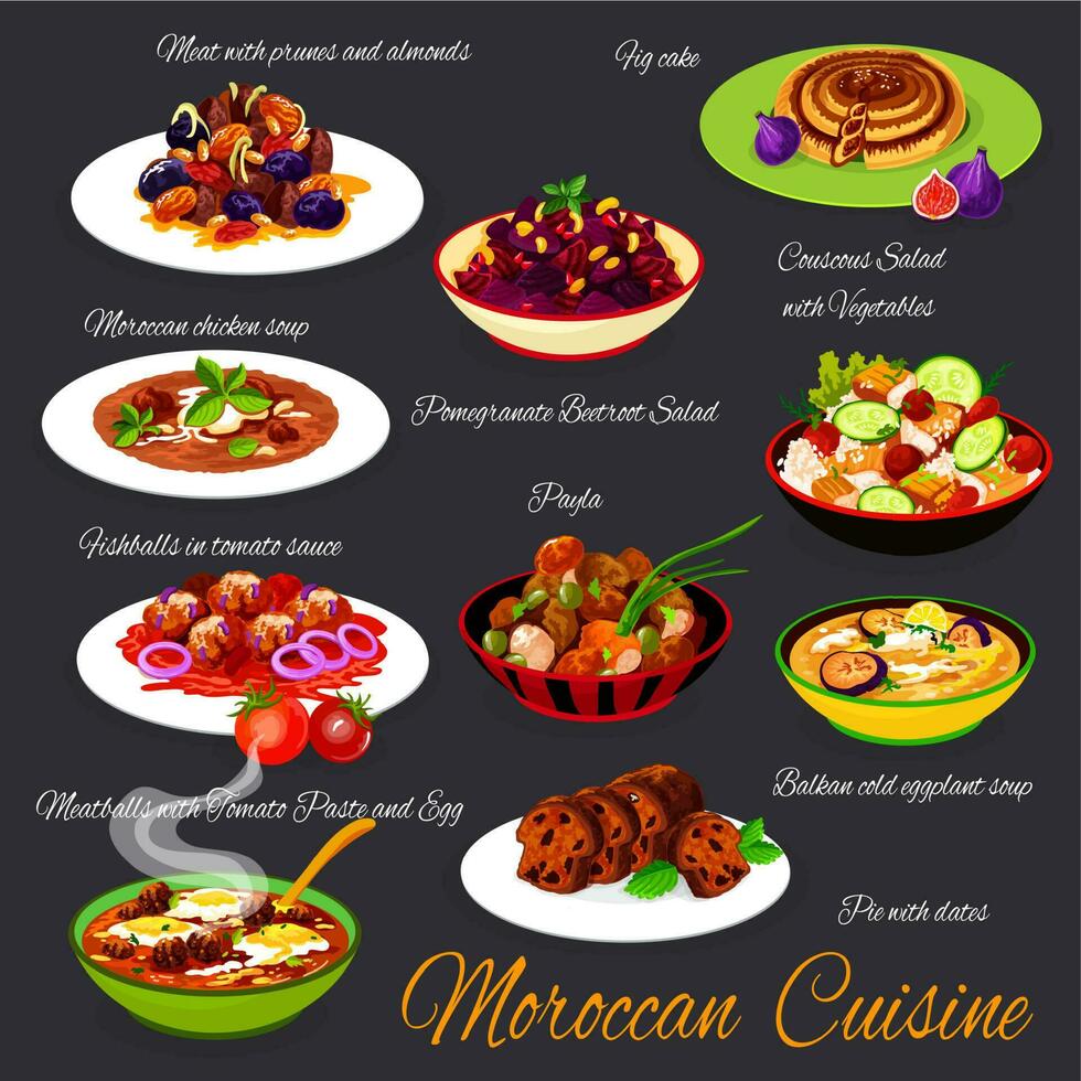 Moroccan cuisine food, Morocco Arabic meals menu vector