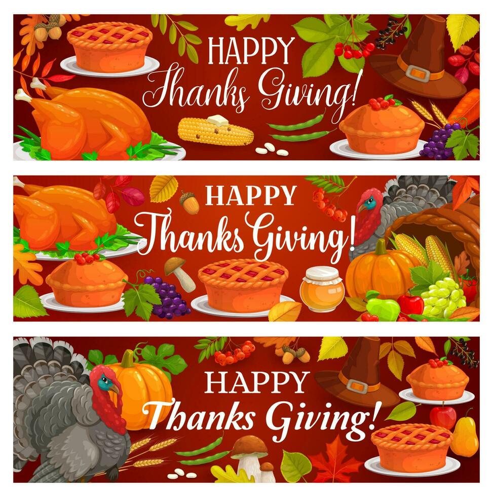 Happy Thanksgiving banners, turkey, autumn leaves vector