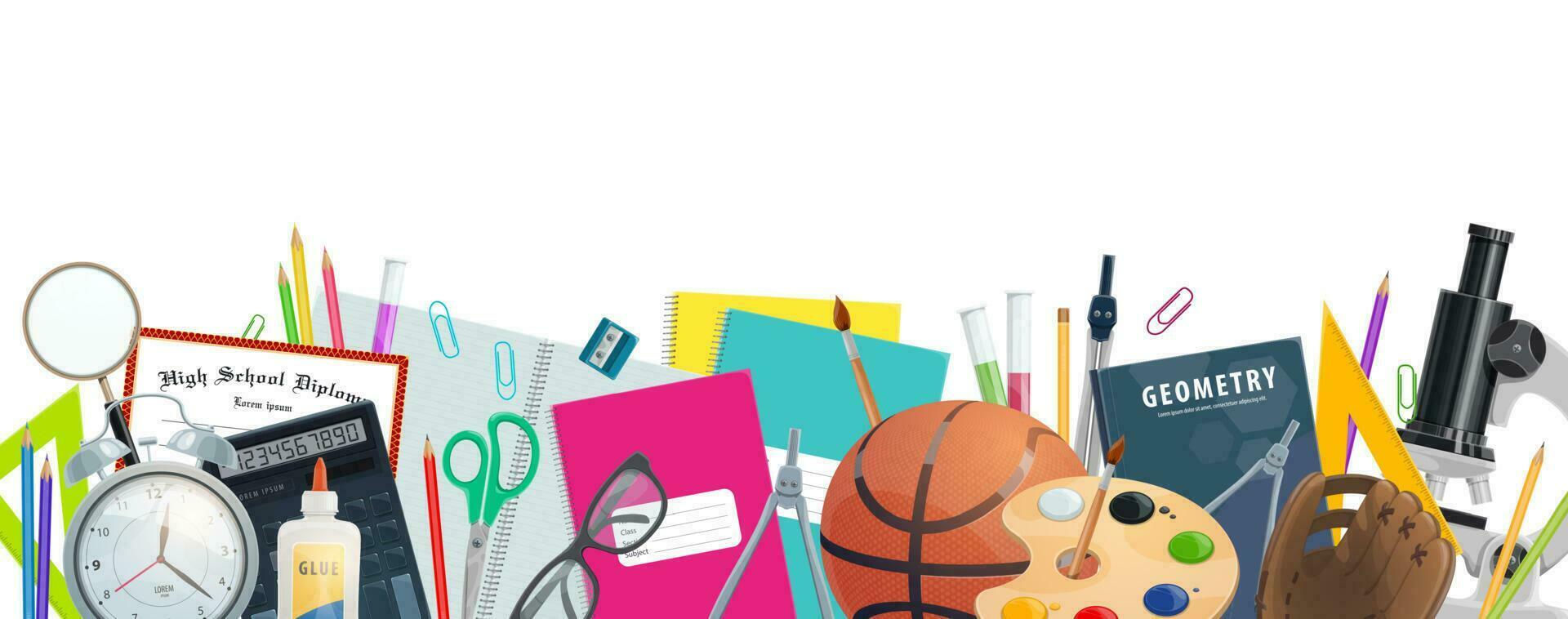 School supplies banner with education item border vector