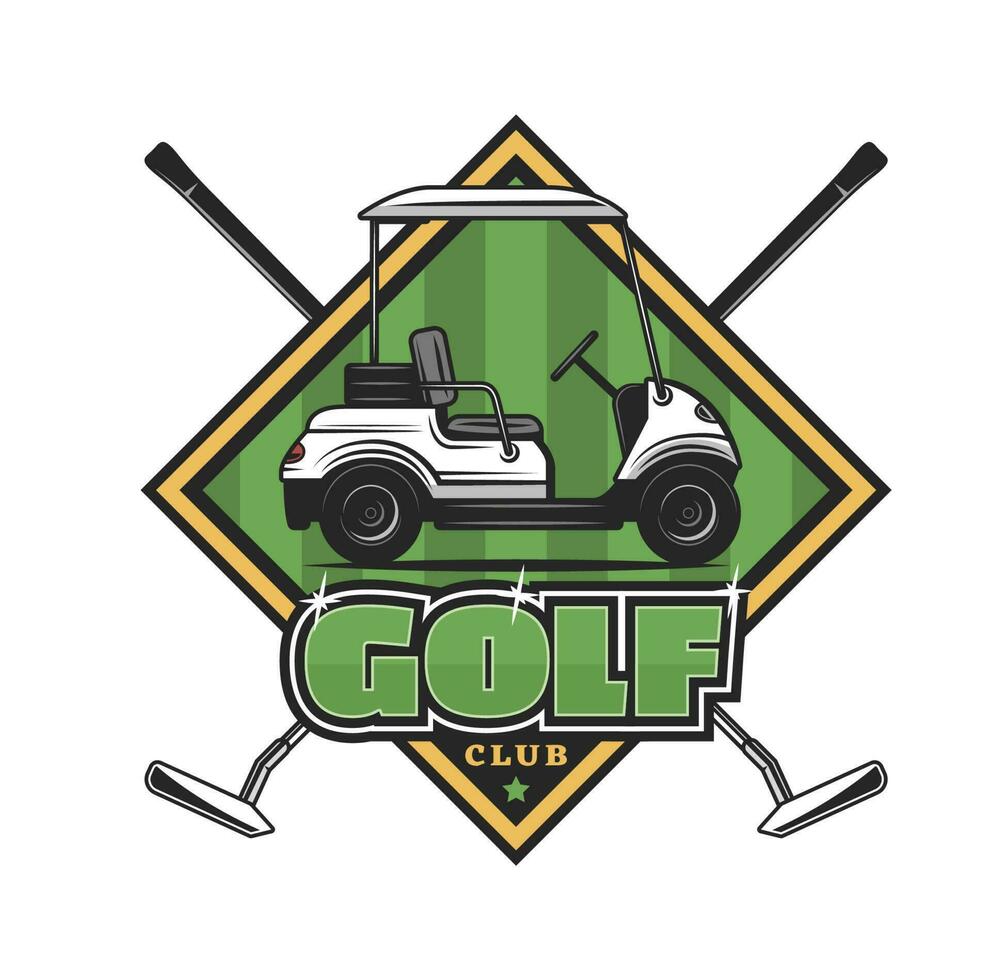 Golf sport clubs and cart on course vector icon