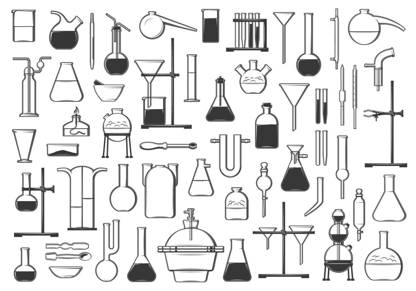 químico prueba tubos, frascos, retorta y herramientas vector