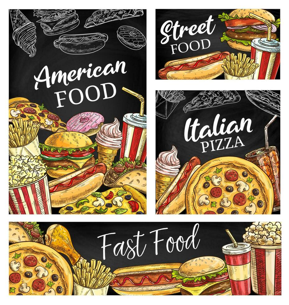 American fastfood posters, sketch takeaway food vector