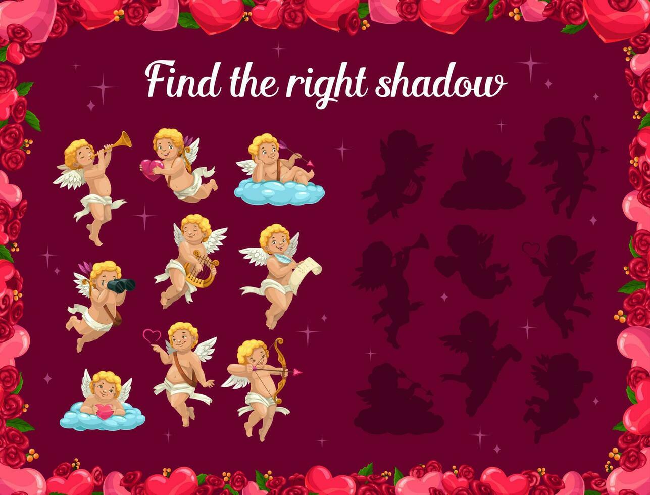 Kids game find right shadow with cartoon cupids vector