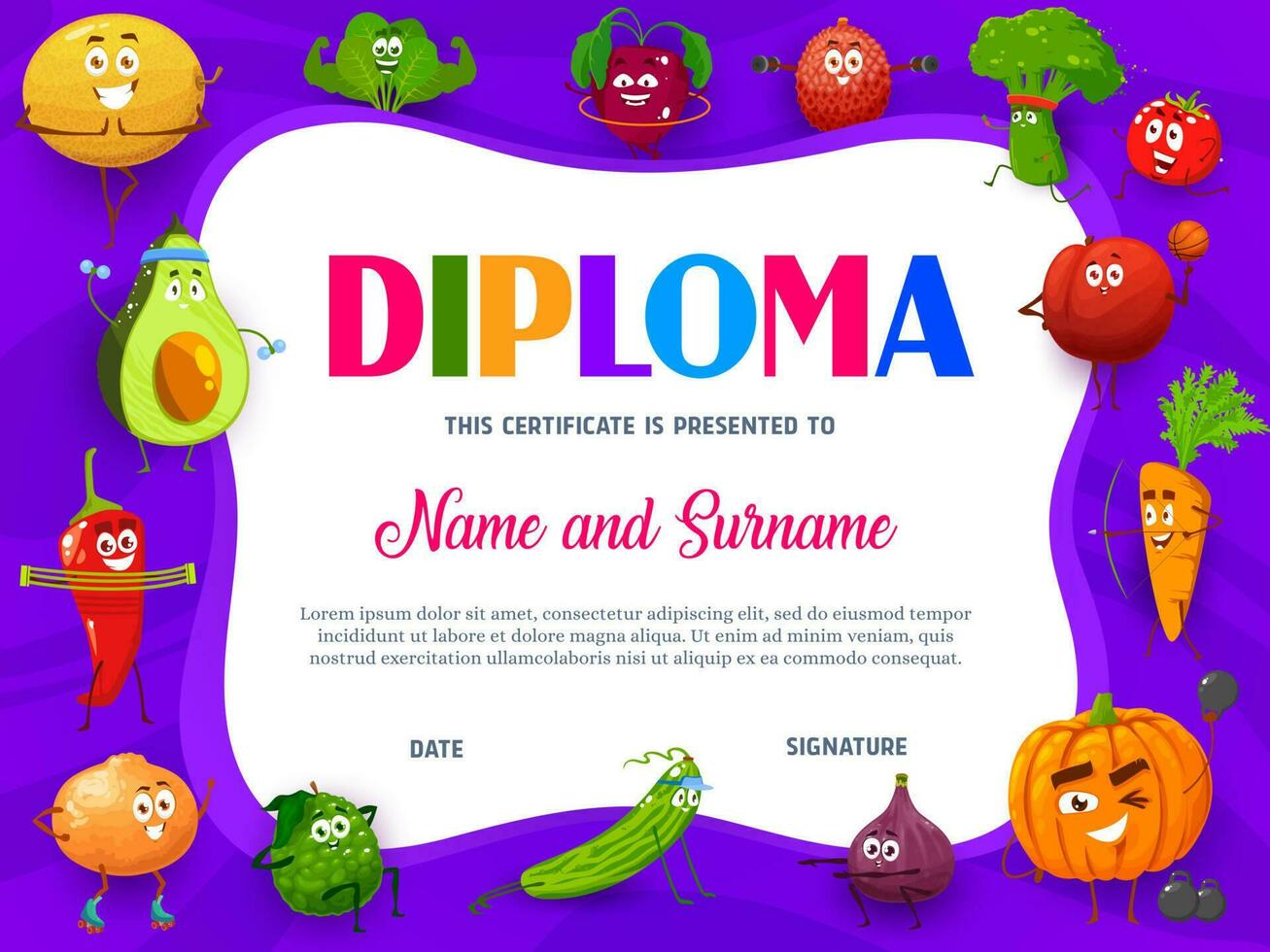 educación colegio diploma con frutas o vegetales vector